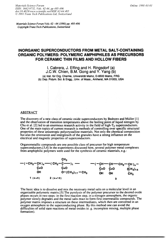 Inorganic Superconductors From Metal Salt Containing Organic Polymers Polymeric Amphiphiles As Precursors For Ceramic Thin Films And Hollow Fibers Scientific Net