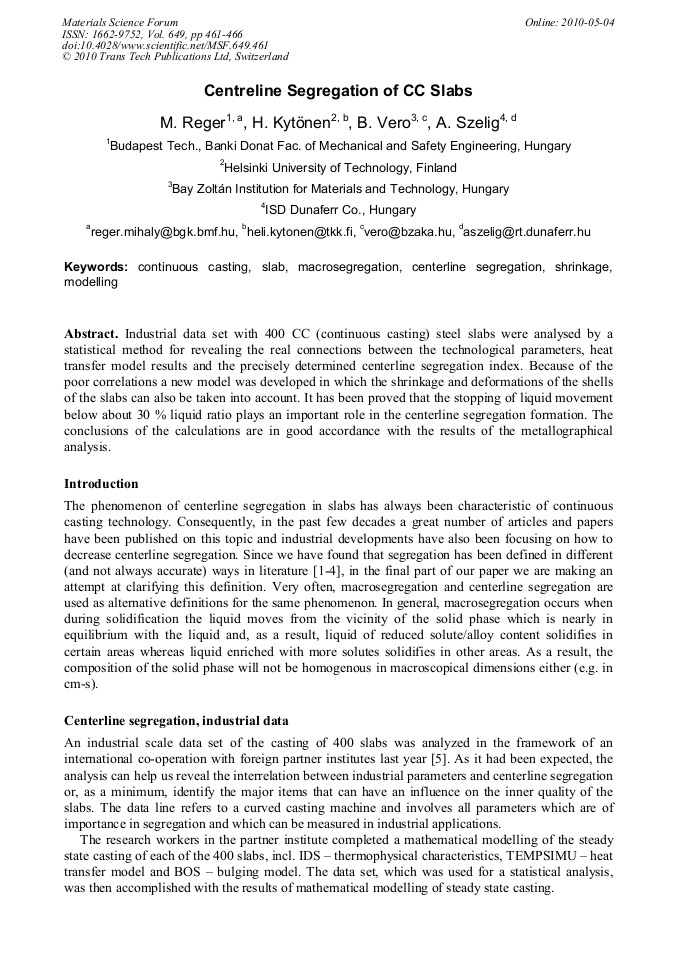 Centreline Segregation of CC Slabs | Scientific.Net