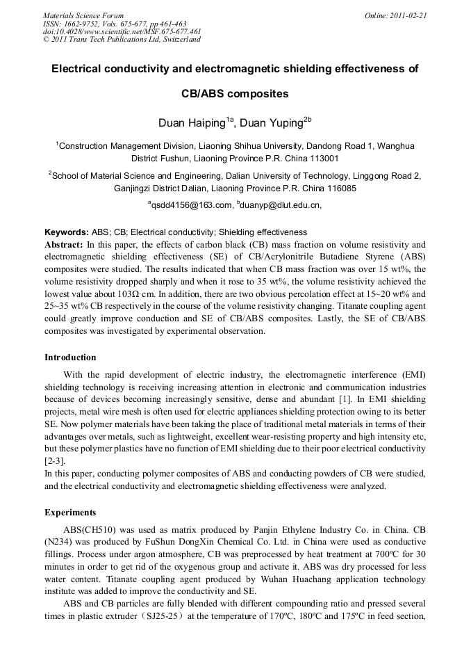 Electrical Conductivity and Shielding Effectiveness of CB/ABS Composites