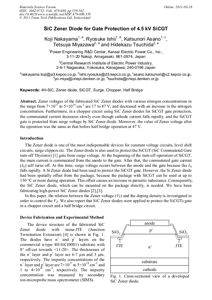 SiC Zener Diode for Gate Protection of 4.5 kV SiCGT