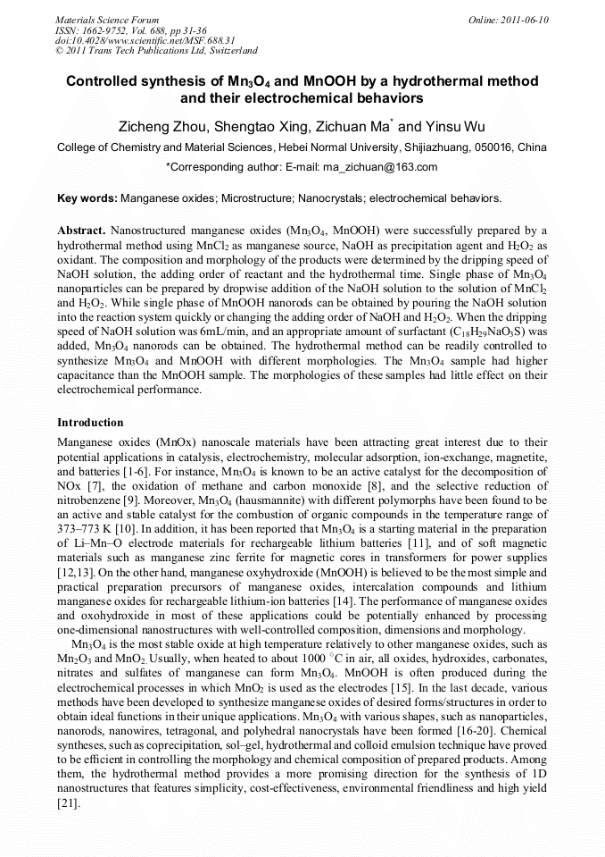 Controlled Synthesis of Mn3O4 and MnOOH by a Hydrothermal Method and ...
