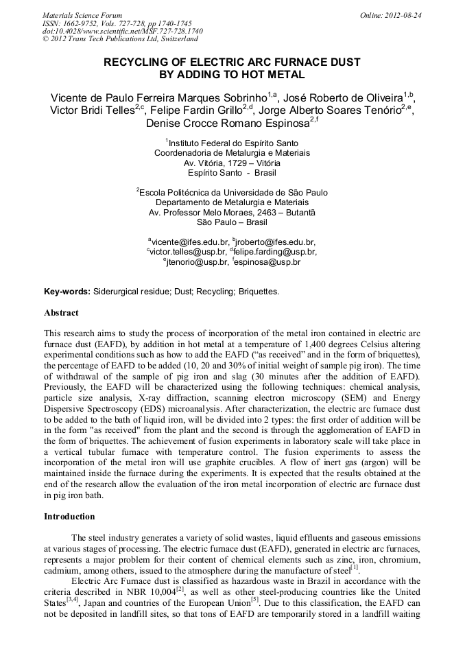 Recycling of Electric Arc Furnace Dust by Adding to Hot Metal