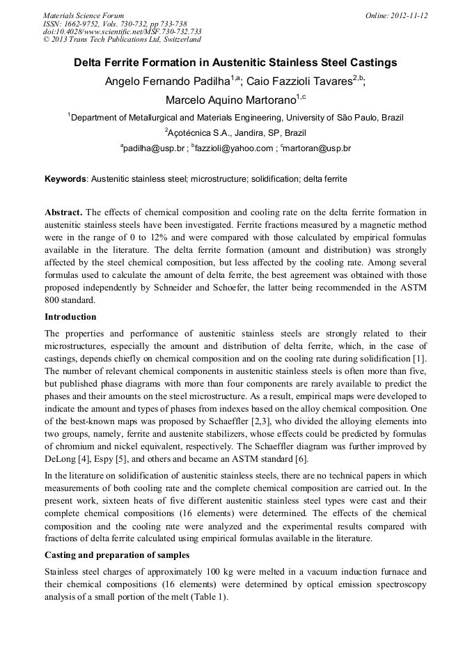 Delta Ferrite Formation in Austenitic Stainless Steel Castings
