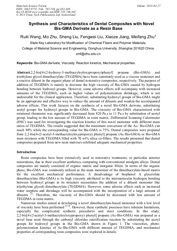 Synthesis and Characteristics of Dental Composites with Novel BisGMA