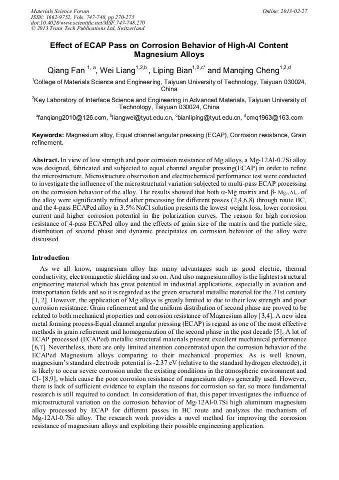 Effect Of Ecap Pass On Corrosion Behavior Of High Al Content - 