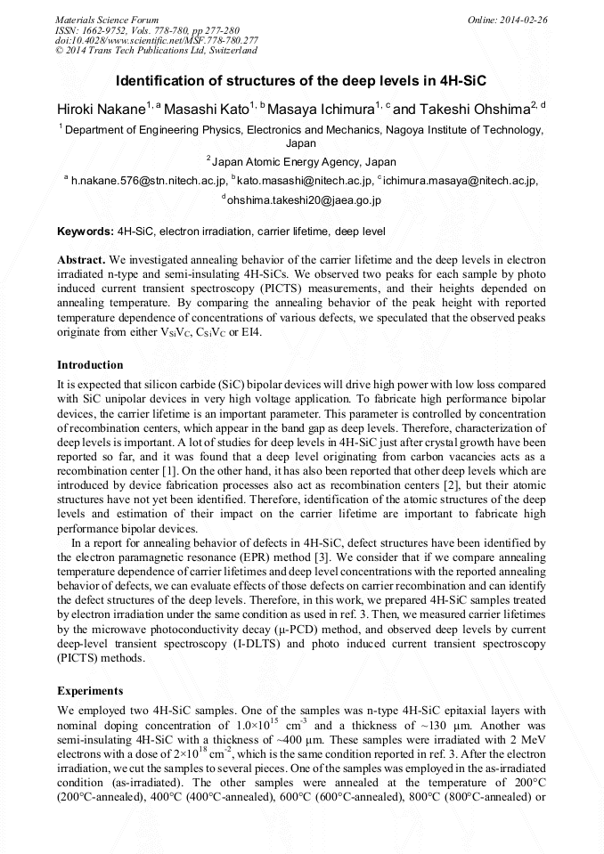 Identification of Structures of the Deep Levels in 4HSiC