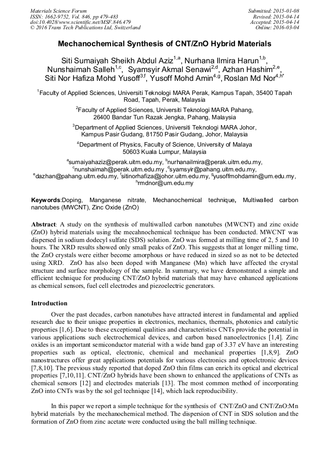 Mechanochemical Synthesis Of Cnt Zno Hybrid Materials Scientific Net