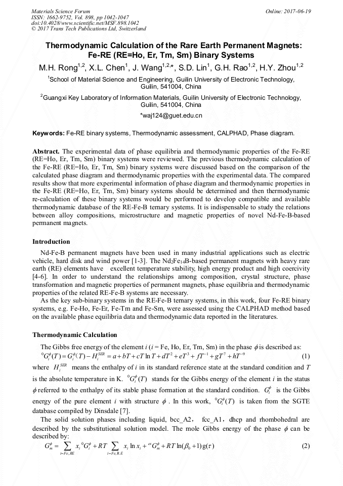Thermodynamic Calculation Of The Rare Earth Permanent Magnets Fe Re Re Ho Er Tm Sm Binary Systems Scientific Net