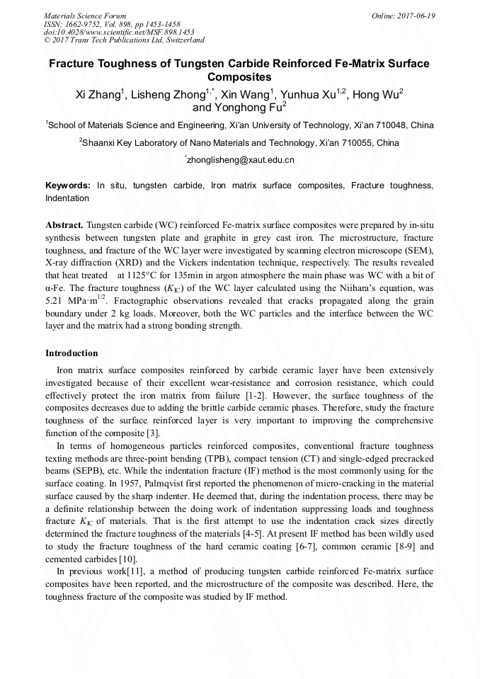 Fracture Toughness of Tungsten Carbide Reinforced FeMatrix Surface Composites