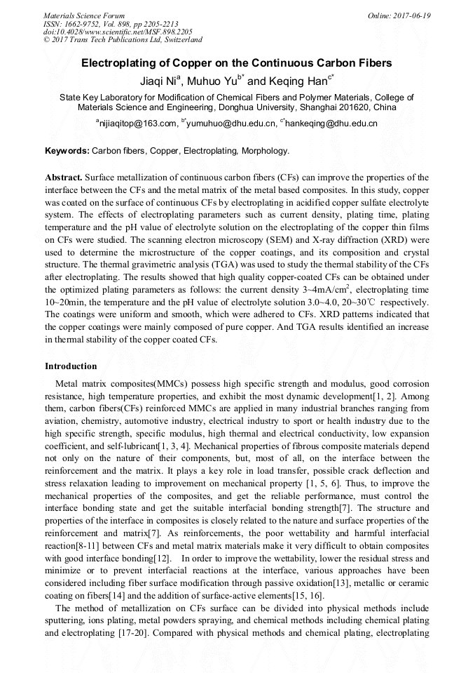 Electroplating of Copper on the Continuous Carbon Fibers