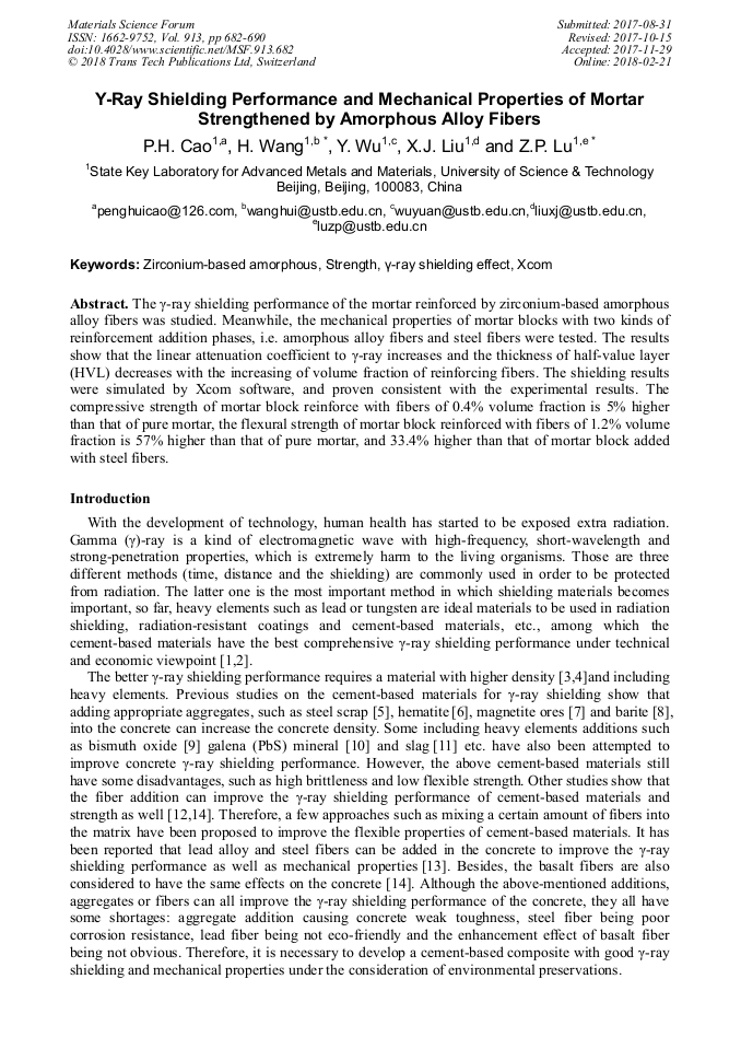 Y Ray Shielding Performance And Mechanical Properties Of Mortar Strengthened By Amorphous Alloy Fibers Scientific Net