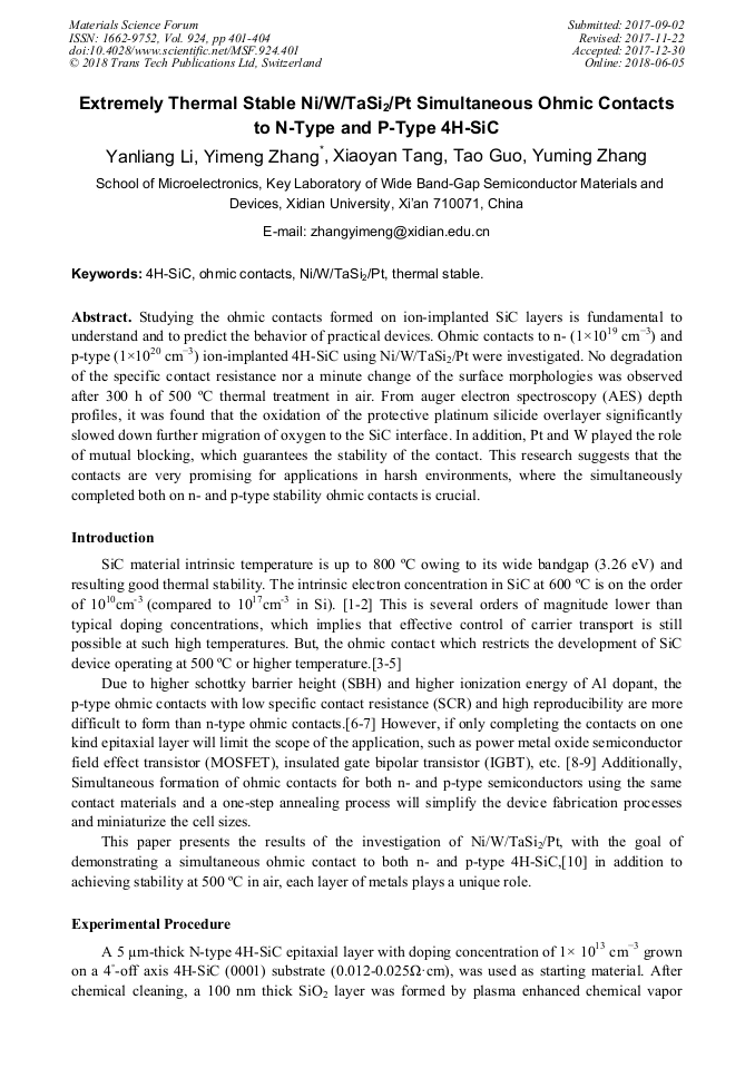 Extremely Thermal Stable Ni W Tasi2 Pt Simultaneous Ohmic Contacts To N Type And P Type 4h Sic Scientific Net
