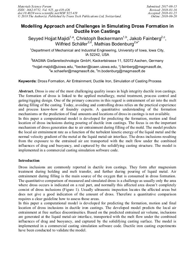 Modelling Approach And Challenges In Simulating Dross Formation In Ductile Iron Castings Scientific Net