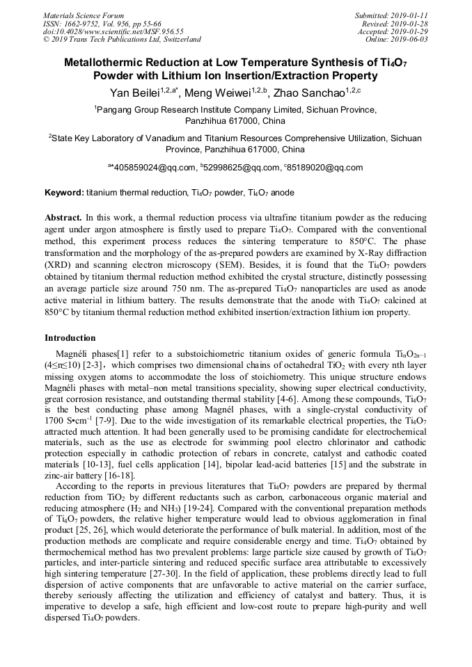 Metallothermic Reduction at Low Temperature Synthesis of Ti4O7 Powder ...