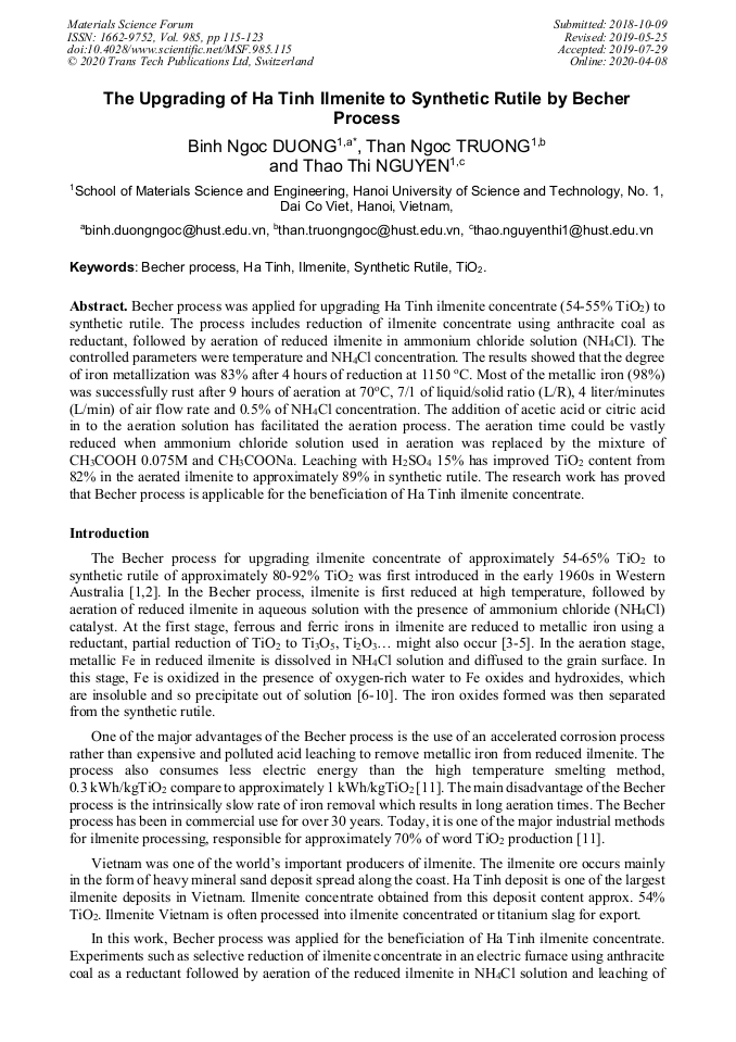 The Upgrading of Ha Tinh Ilmenite to Synthetic Rutile by Becher Process ...