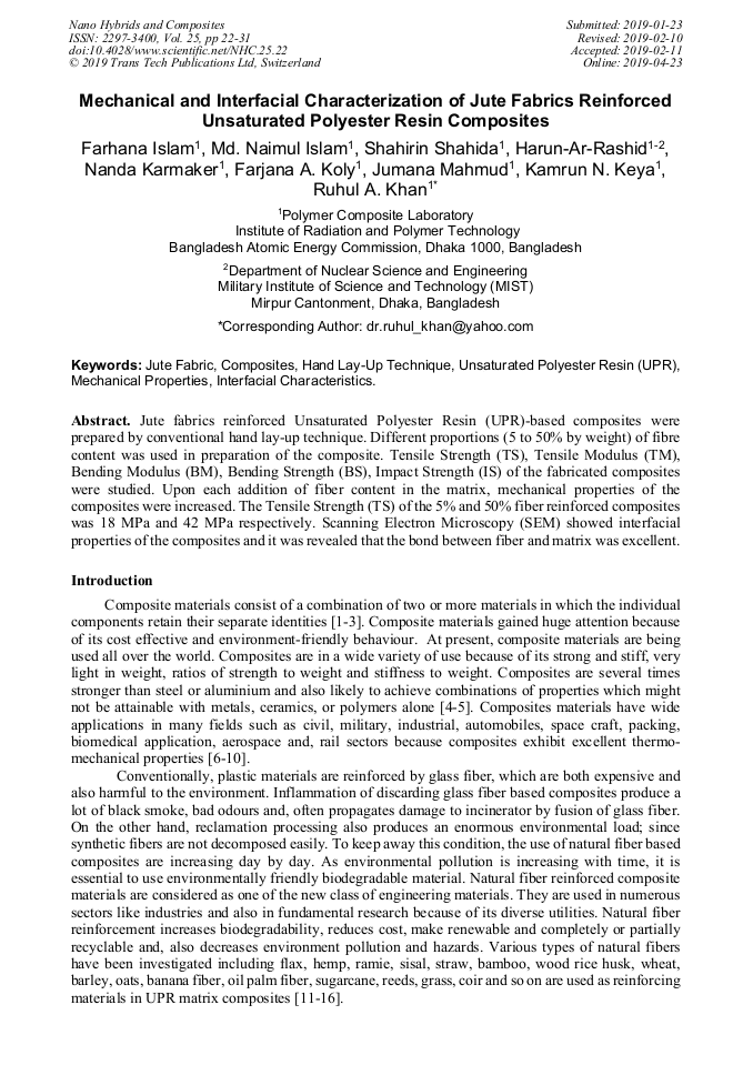 Mechanical and Interfacial Characterization of Jute Fabrics Reinforced Unsaturated Polyester