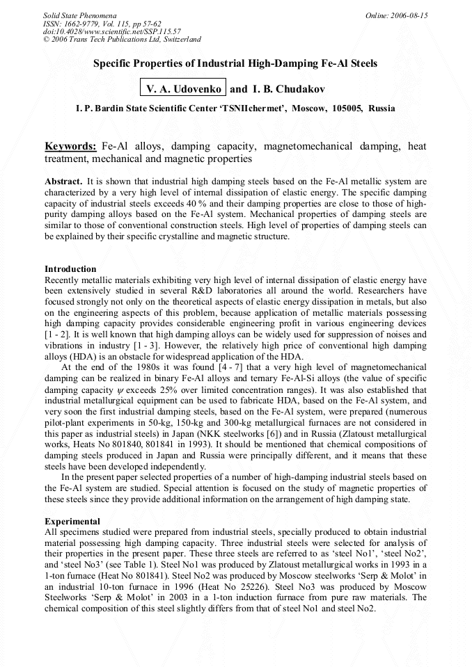 Specific Properties of Industrial HighDamping FeAl Steels
