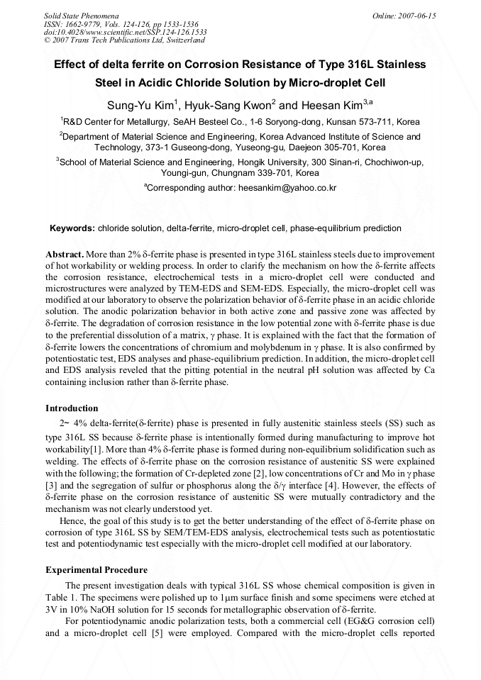 Effect of Delta Ferrite on Corrosion Resistance of Type 316L Stainless