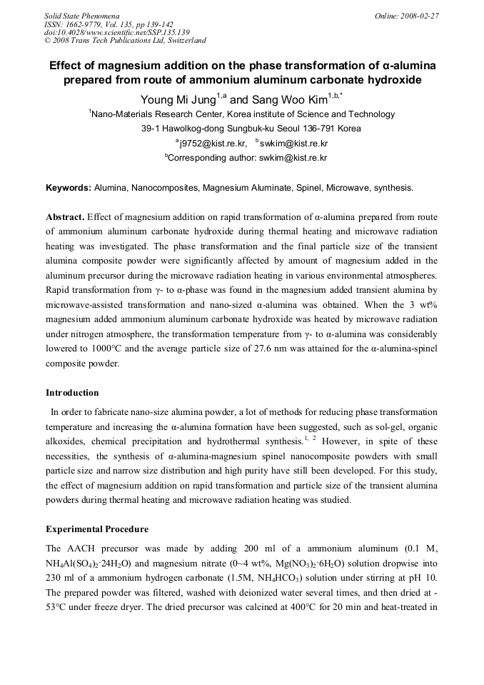 Effect of Magnesium Addition on the Phase Transformation of αAlumina