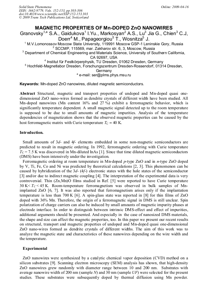 Properties of MnDoped ZnO Nanowires