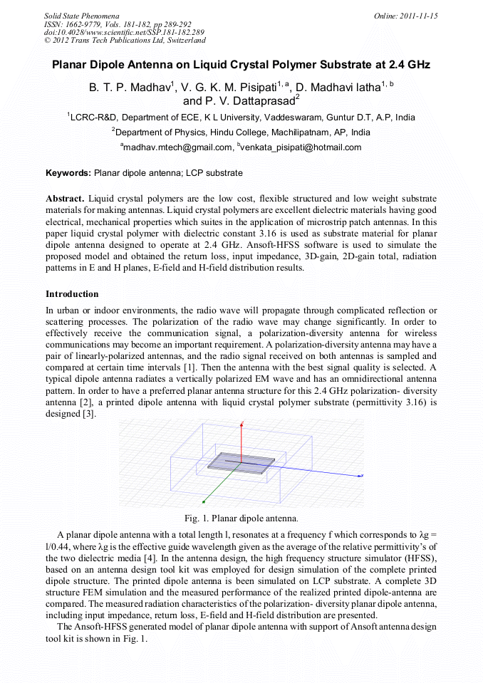 Planar Dipole Antenna on Liquid Crystal Polymer Substrate at 2.4 GHz
