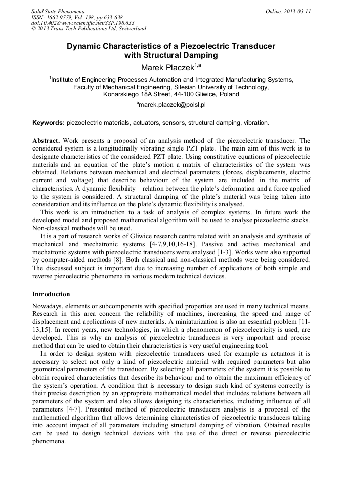 Dynamic Characteristics of a Piezoelectric Transducer with Structural