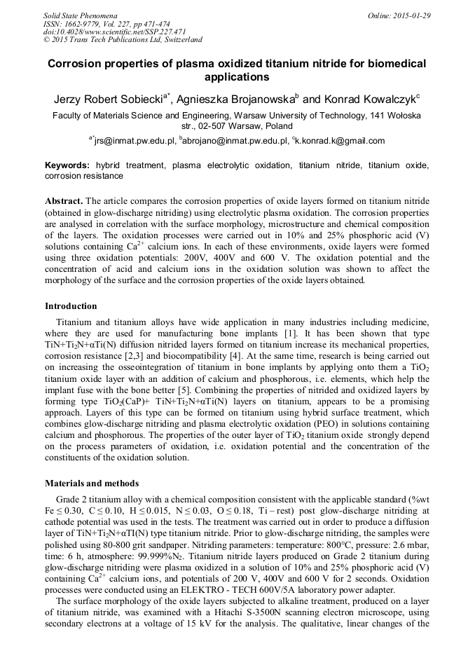 Corrosion Properties of Plasma Oxidized Titanium Nitride for Biomedical