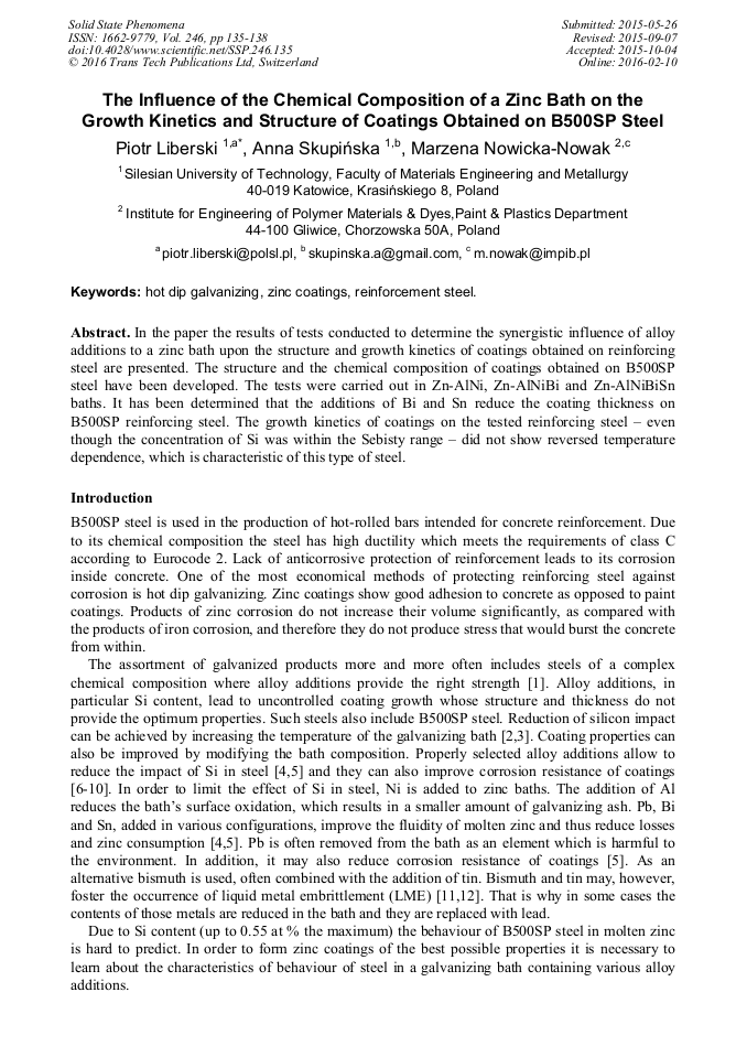 The Influence of the Chemical Composition of a Zinc Bath on the Growth