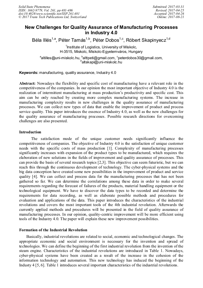 New Challenges for Quality Assurance of Manufacturing Processes in ...