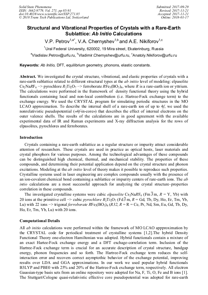 Structural And Vibrational Properties Of Crystals With A Rare Earth Sublattice Ab Initio Calculations Scientific Net