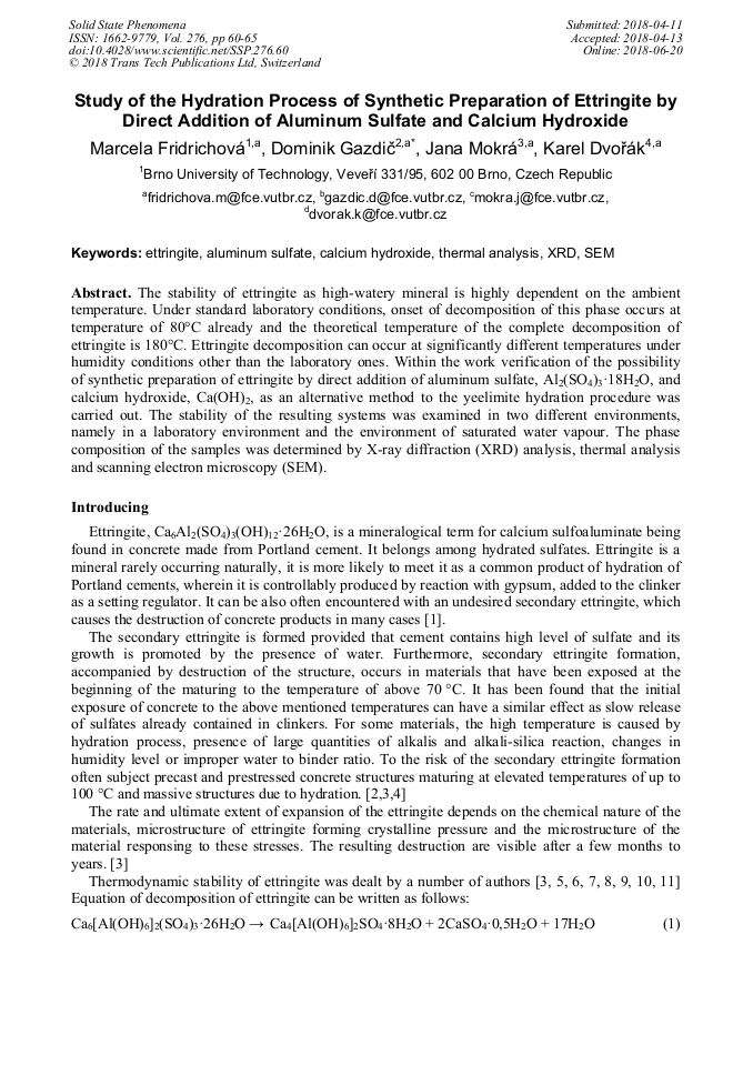 Study of the Hydration Process of Synthetic Preparation of Ettringite