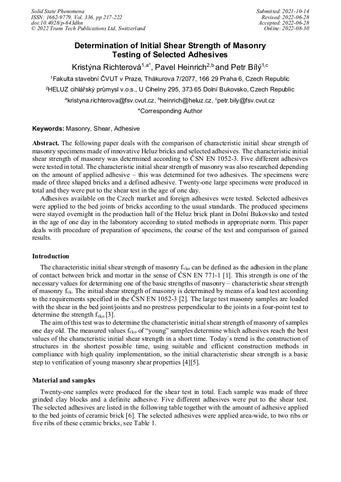 Determination of Initial Shear Strength of Masonry Testing of Selected