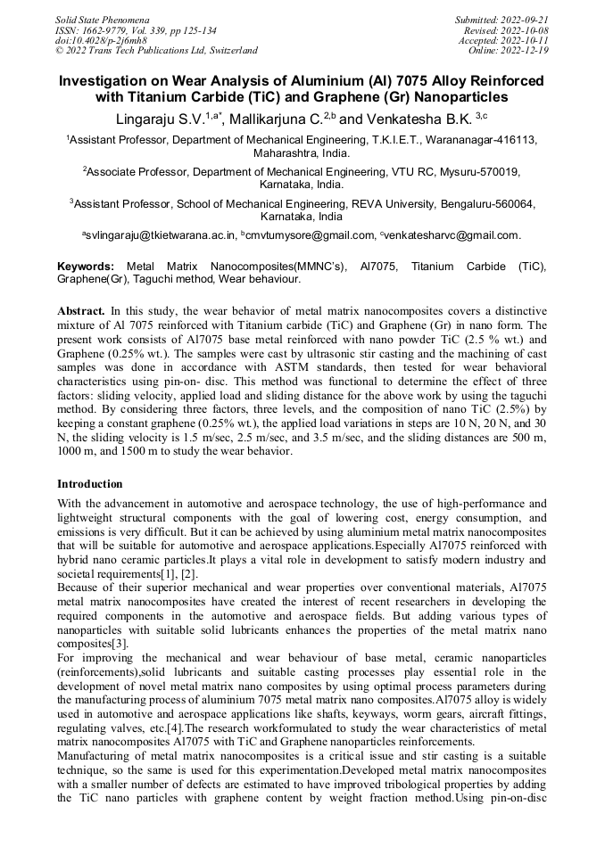 Investigation on Wear Analysis of Aluminium (Al) 7075 Alloy Reinforced