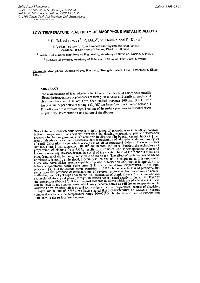 Low Temperature Plasticity Of Amorphous Metallic Alloys - 