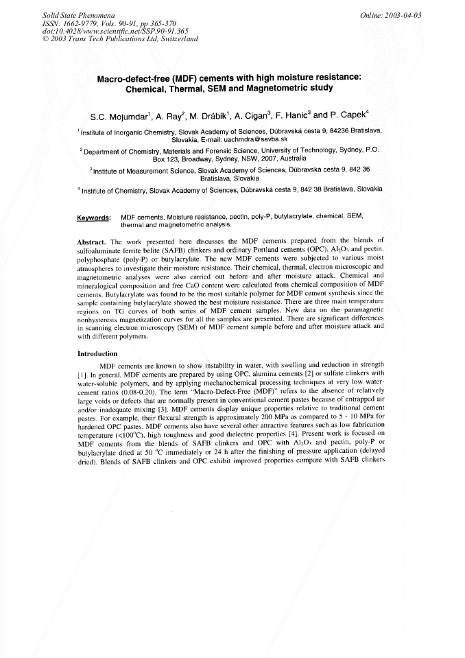 MacroDefectFree (MDF) Cements with High Moisture Resistance Chemical